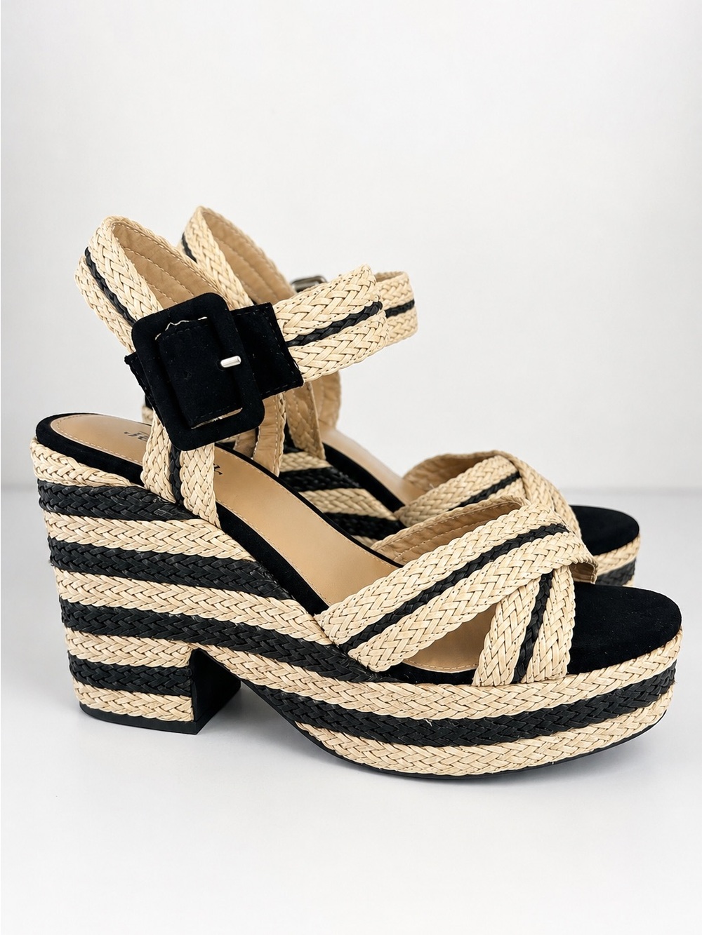 JUSTFAB Straw Raffia Platform Heeled Sandals Size 7.5 Black Natural Woven Stripe